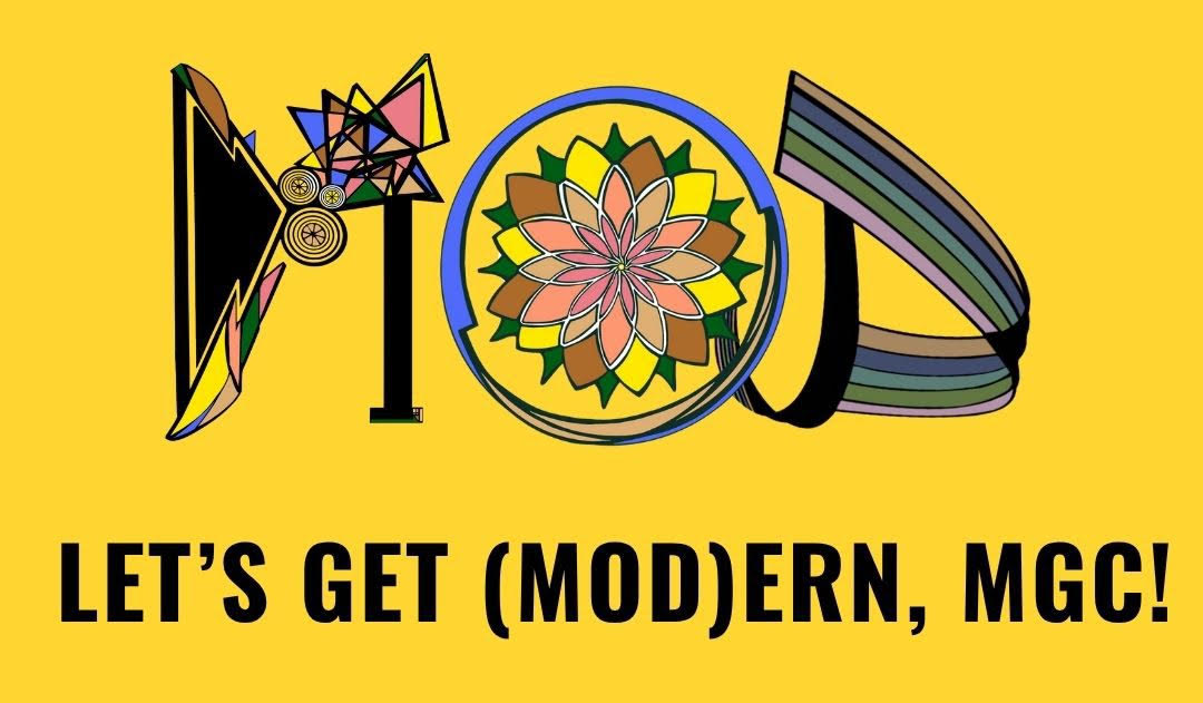 "Let's Get (Mod)ern, MGC! logo with stylized letters on a yellow background.